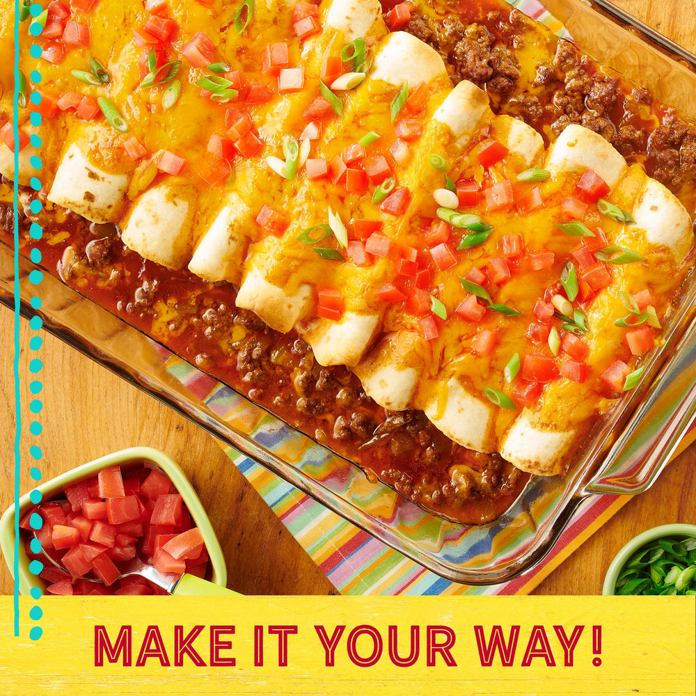 Old El Paso Mild Red Enchilada Sauce in casserole dish for Tex-Mex depth.