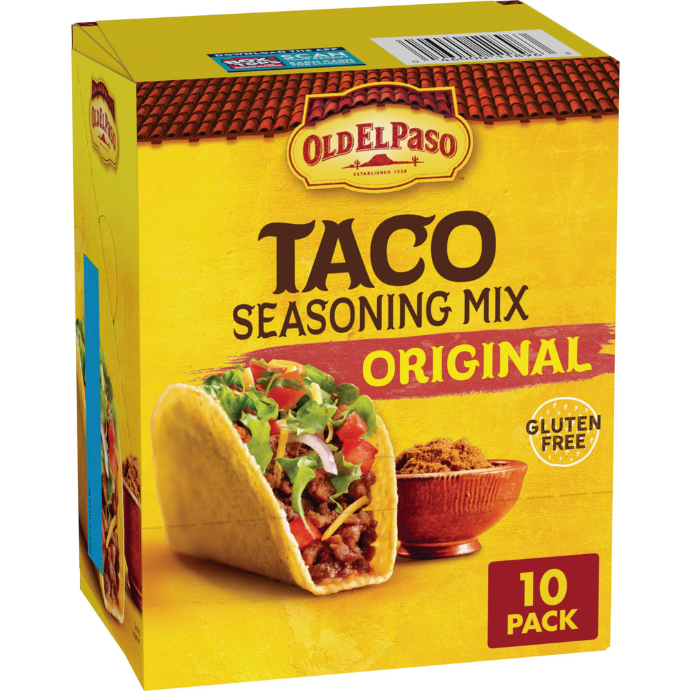 Old El Paso Original Taco Seasoning Mix front packaging, pantry staple for quick taco nights.
