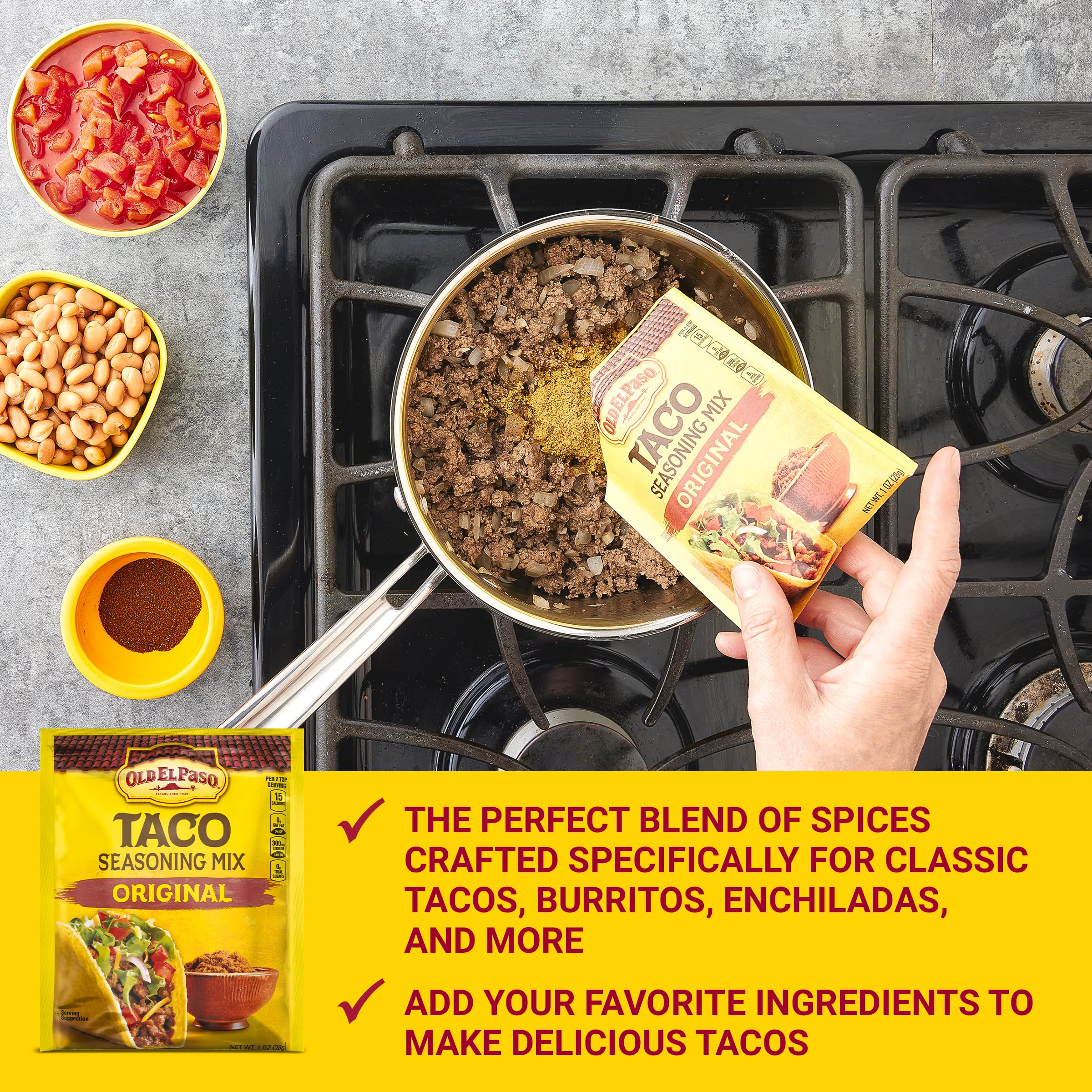 Taco night setup with Old El Paso seasoning and toppings.