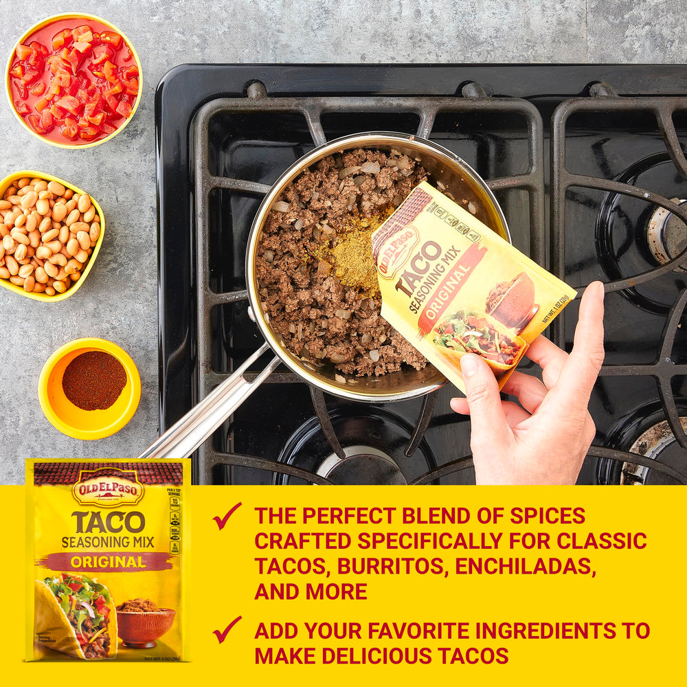 Taco night setup with Old El Paso seasoning and toppings.
