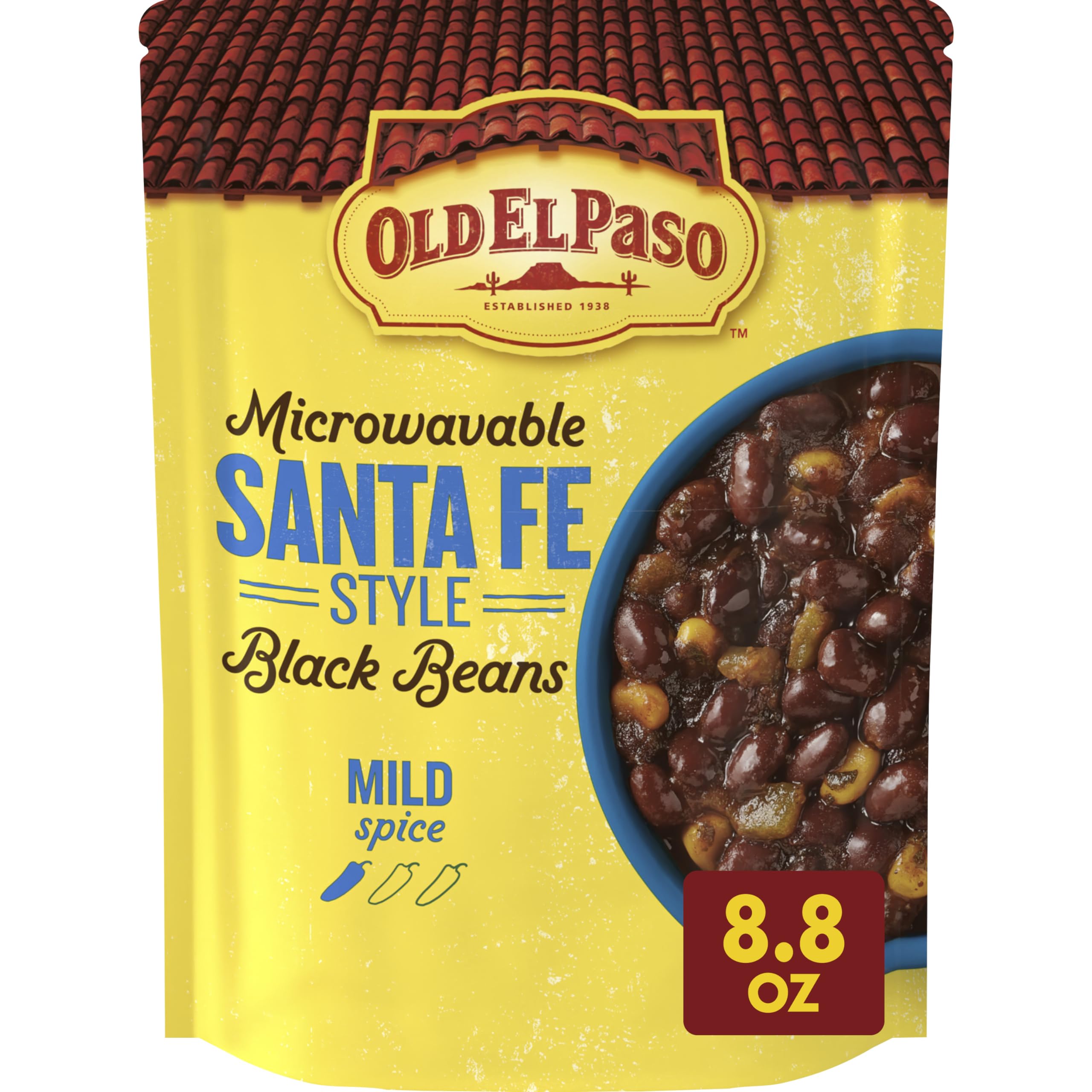 Old El Paso Santa Fe Black Beans microwavable pouch with corn and chiles for quick meals.