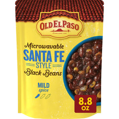 Old El Paso Santa Fe Black Beans microwavable pouch with corn and chiles for quick meals.