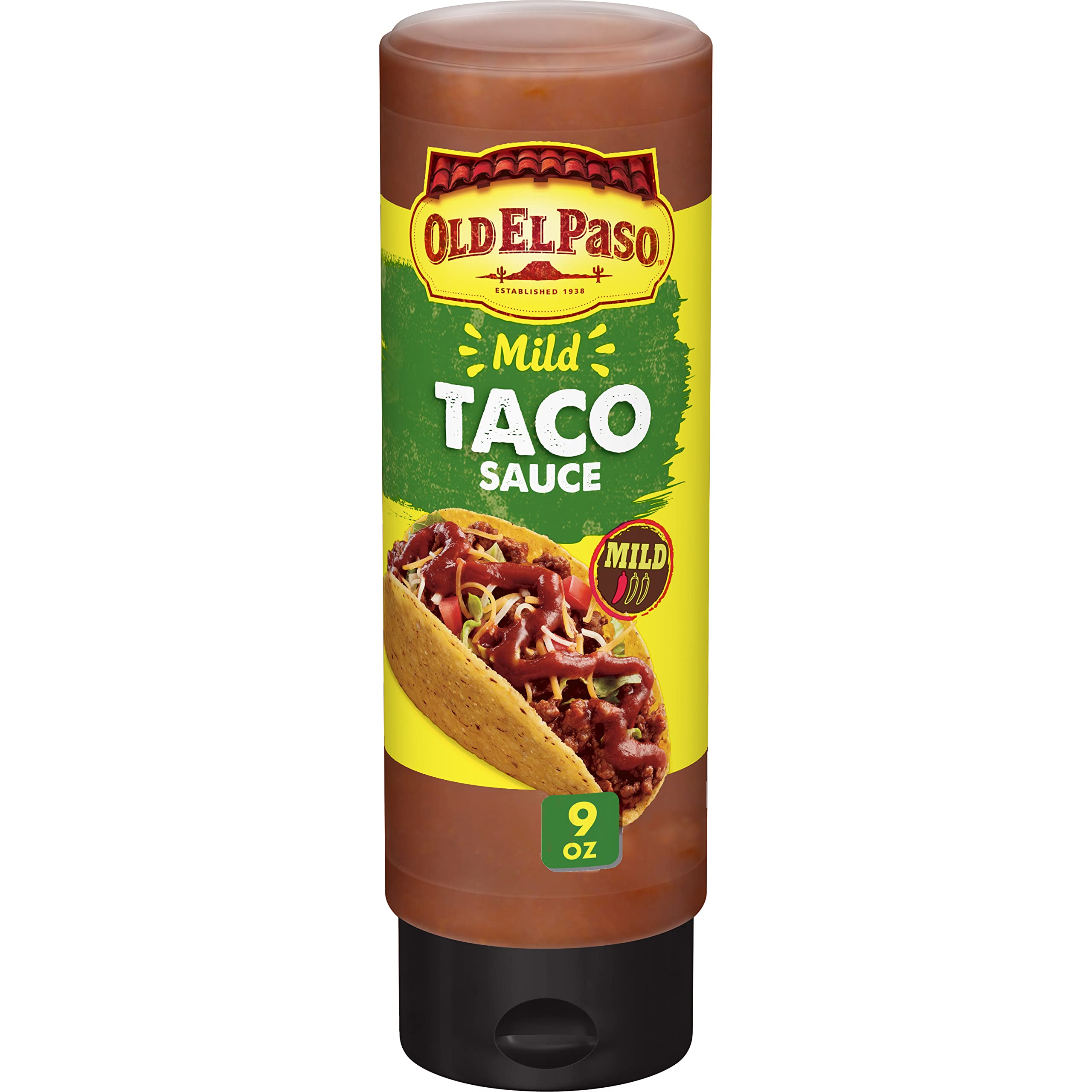 Old El Paso Mild Taco Sauce bottle front with flip-cap for mess-free use