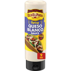 Old El Paso Queso Blanco sauce bottle with medium heat flavor for customizable tacos.
