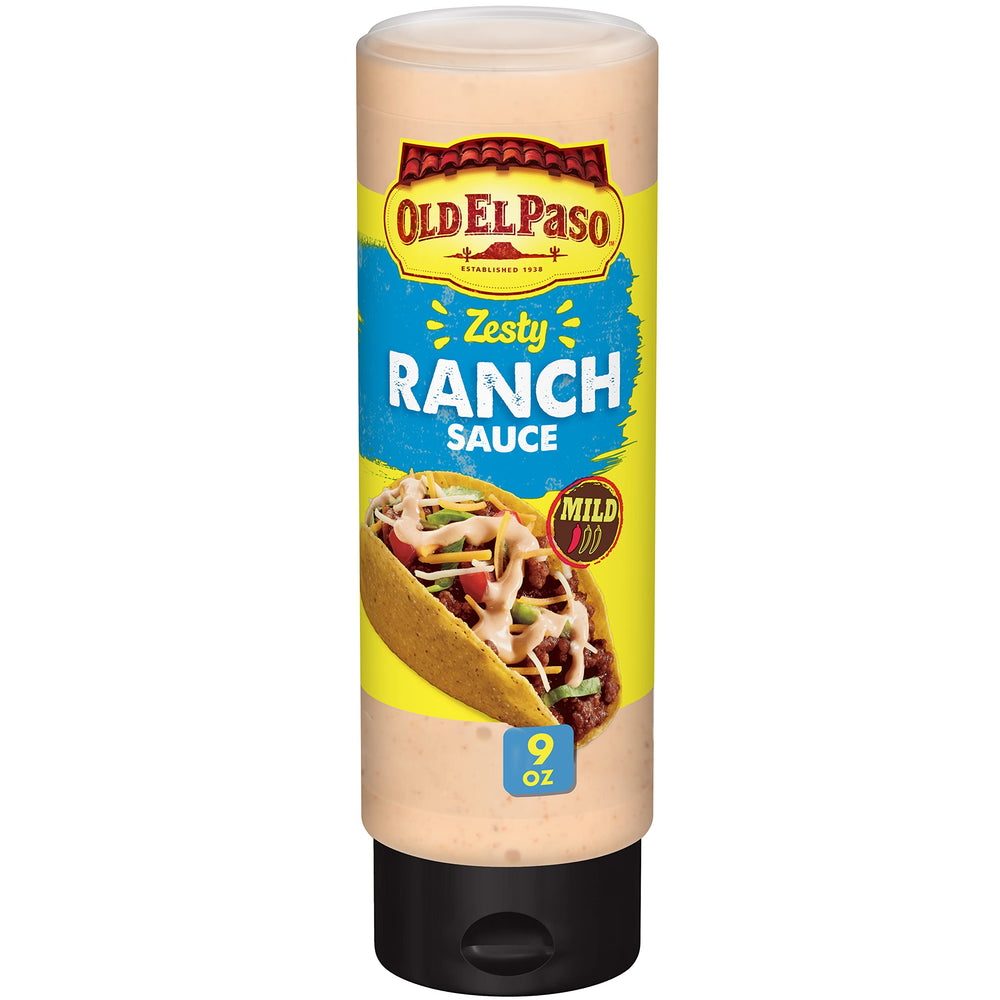 Old El Paso Zesty Ranch Taco Sauce bottle front showcases mild heat and ranch flavor.