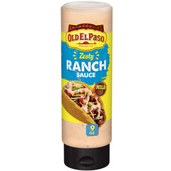 Old El Paso Zesty Ranch Taco Sauce bottle front showcases mild heat and ranch flavor.