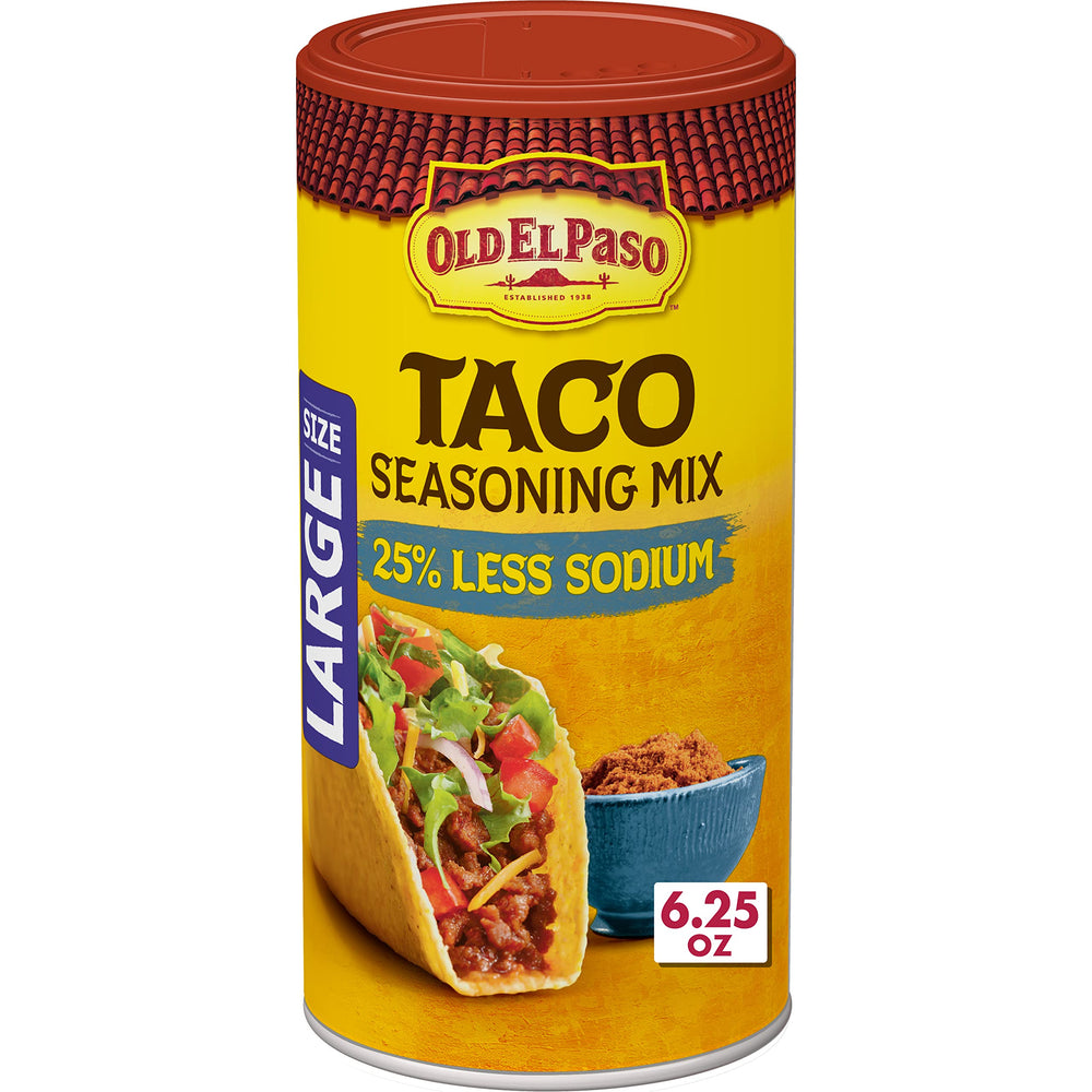 Old El Paso taco seasoning bottle pouring flavor into sizzling fillings.