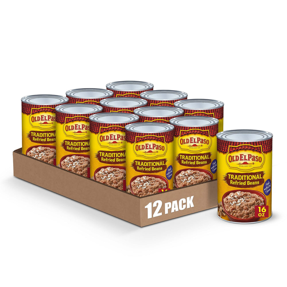 Old El Paso Traditional Refried Beans close-up showing creamy texture for quick meals.