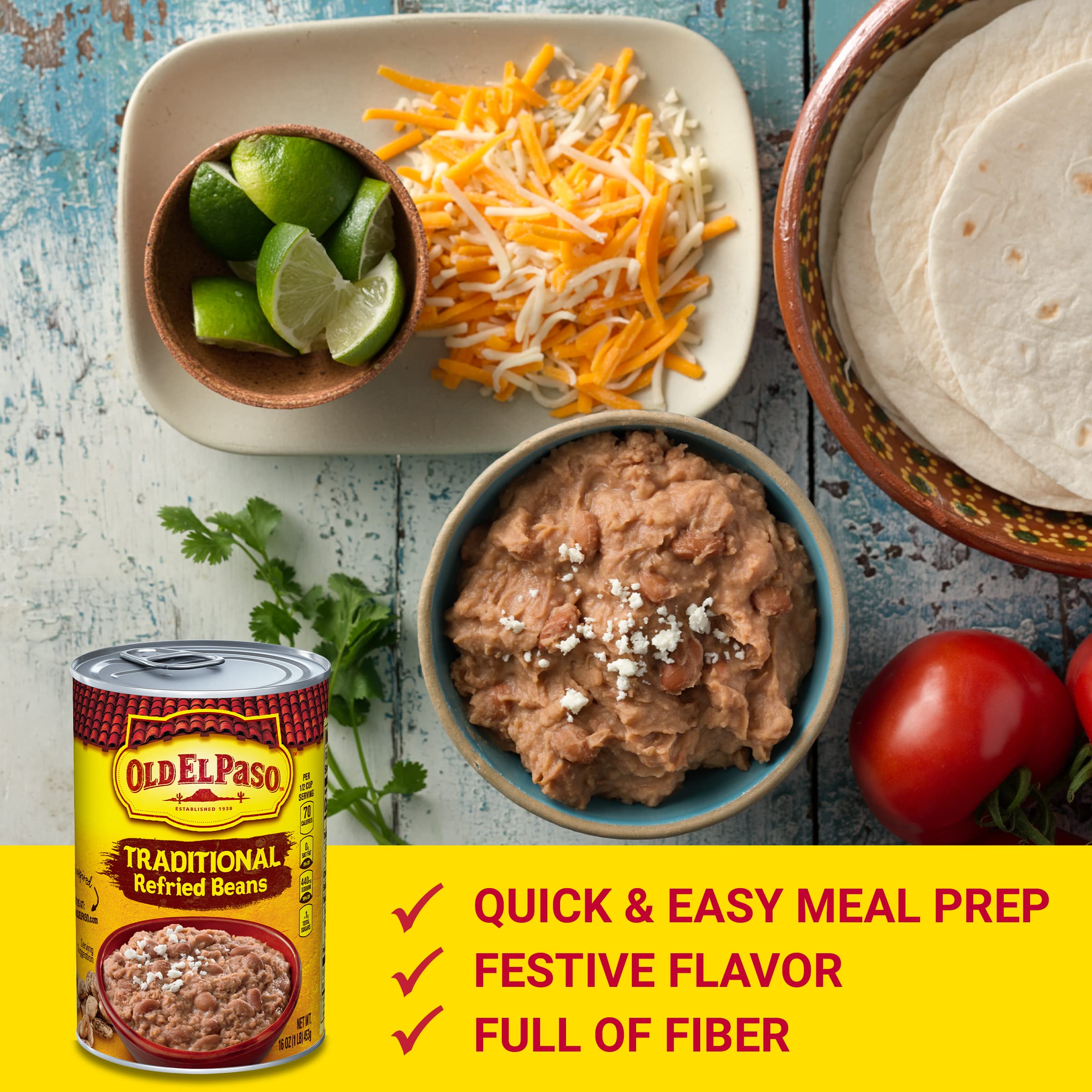 Old El Paso Traditional Refried Beans on stovetop simmer, enriches any dish.