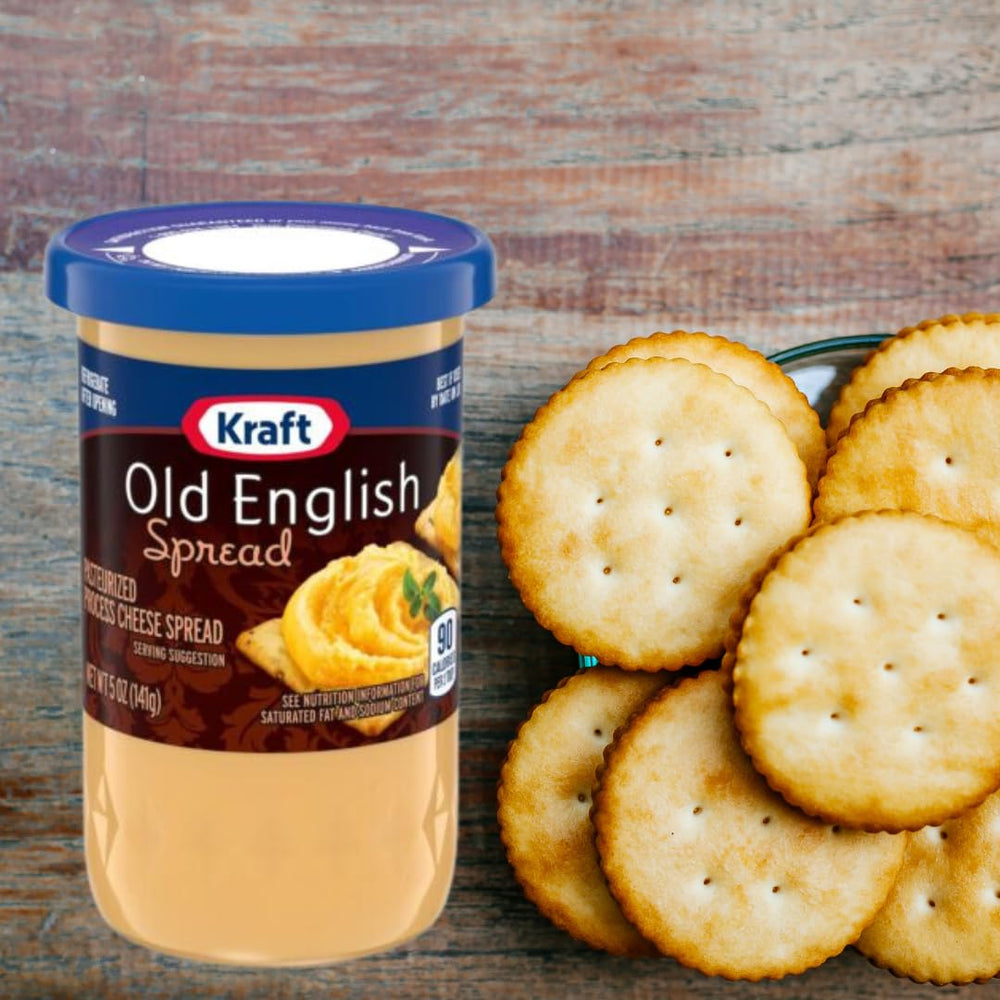 Old English Cheese Spread packaging and jar ready for shopping