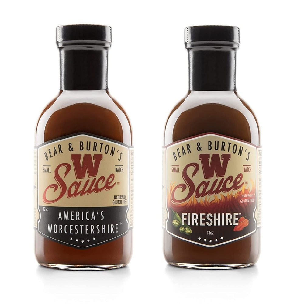 Bear and Burton's W Sauce Fireshire bottle close-up ready to boost grilling flavor.