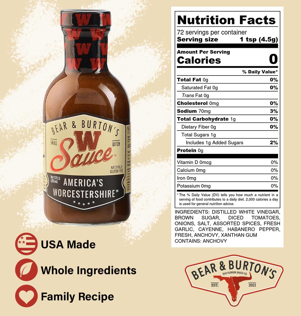 Bear and Burton's W Sauce Original bottle close-up to elevate dressings and marinades.