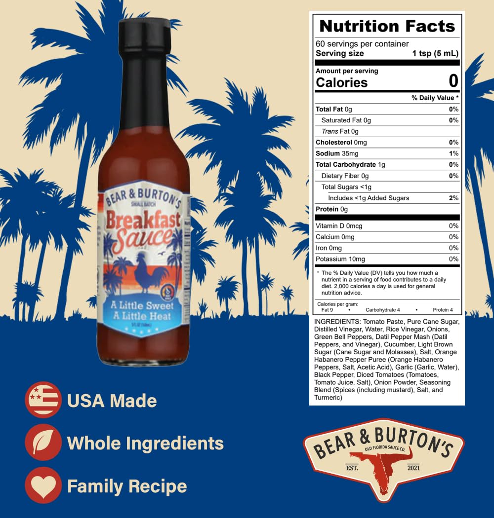 Old Florida Sauce Co. Breakfast Sauce bottle ready for breakfast plate.