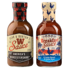 Old Florida Sauce Co. W Sauce bottle pouring over steak for bold flavor.