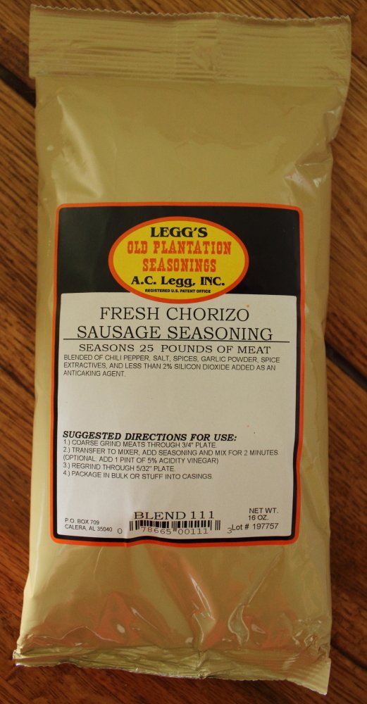 Label close-up of Old Plantation A.C. Legg Chorizo Seasoning showing no MSG