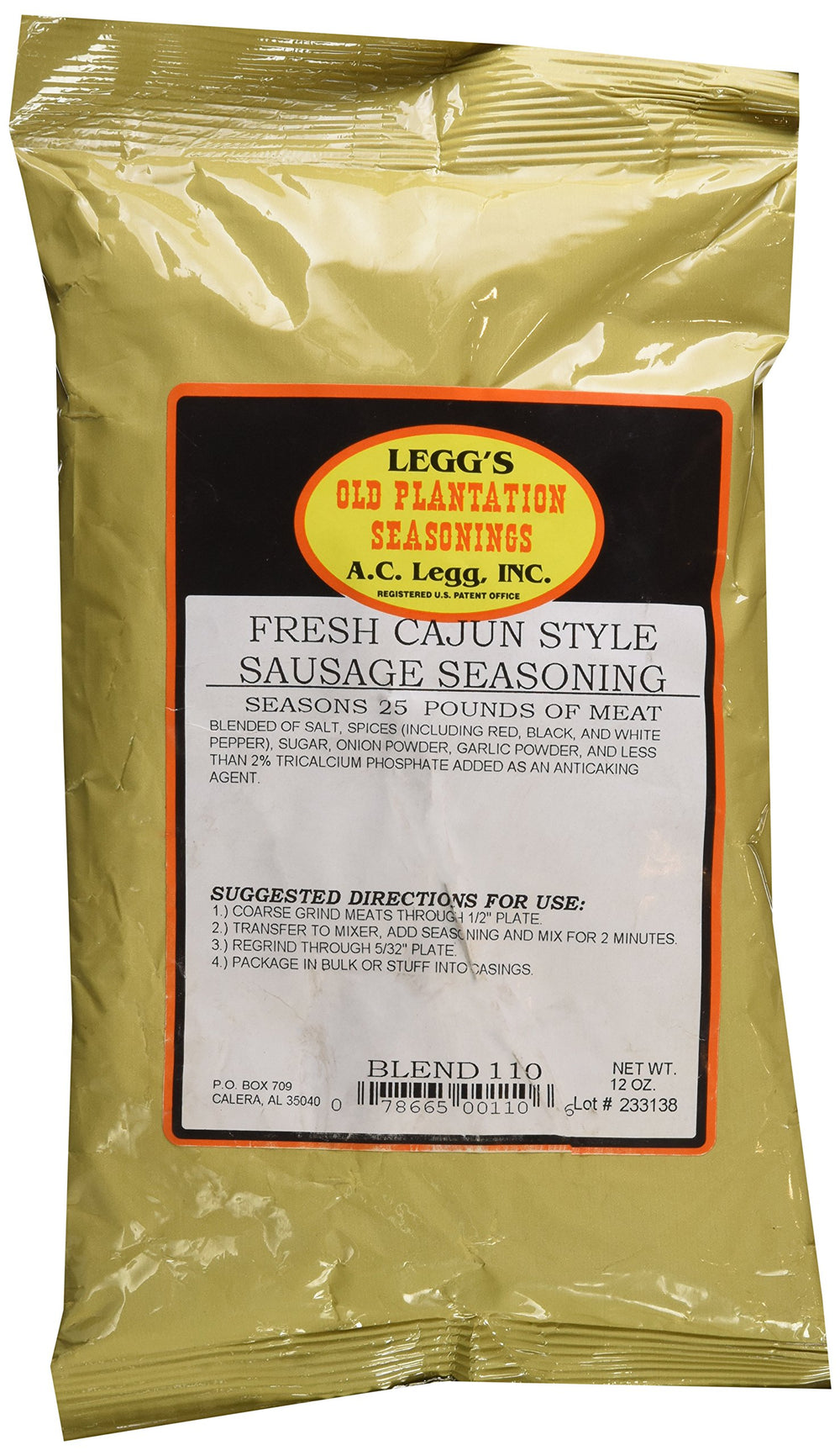 Old Plantation A.C. Legg Cajun sausage seasoning bottle for authentic home flavor.
