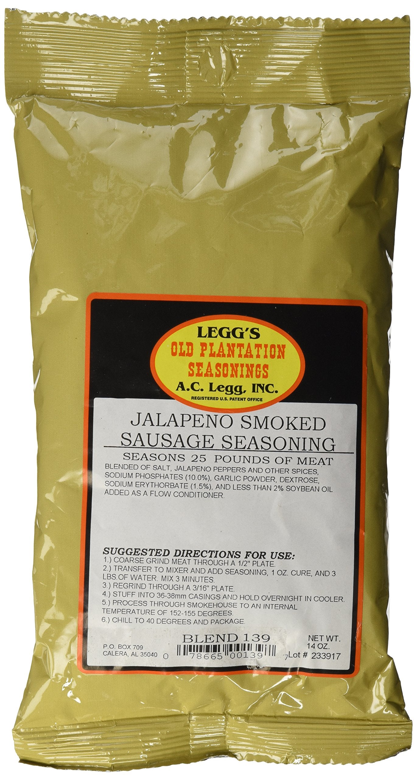 Old Plantation A.C. Legg Jalapeño Smoked Sausage Seasoning bag for perfect 25 lb batches.