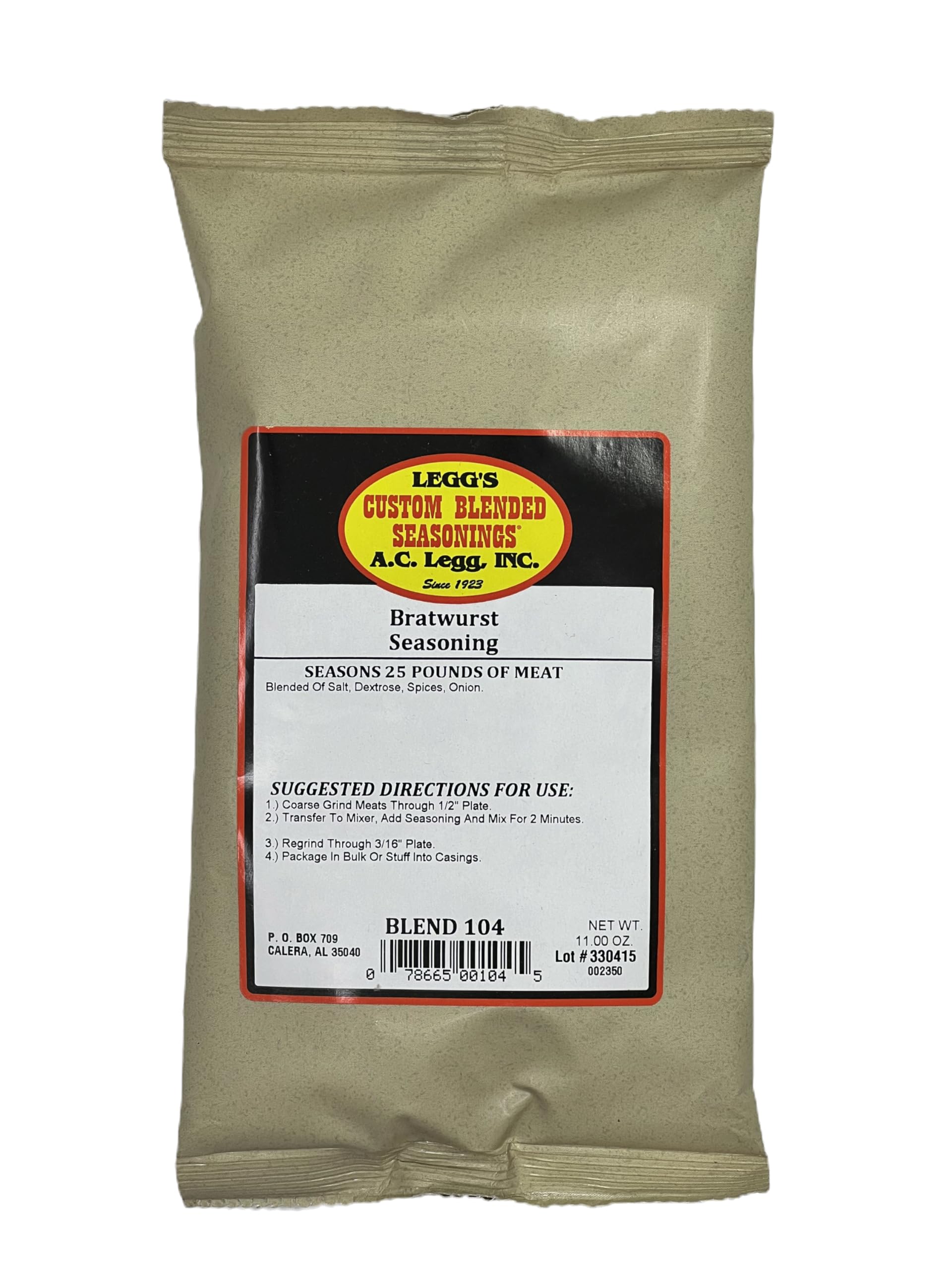 Old Plantation AC Legg Bratwurst Seasoning packaging preserves freshness for up to 12 months.