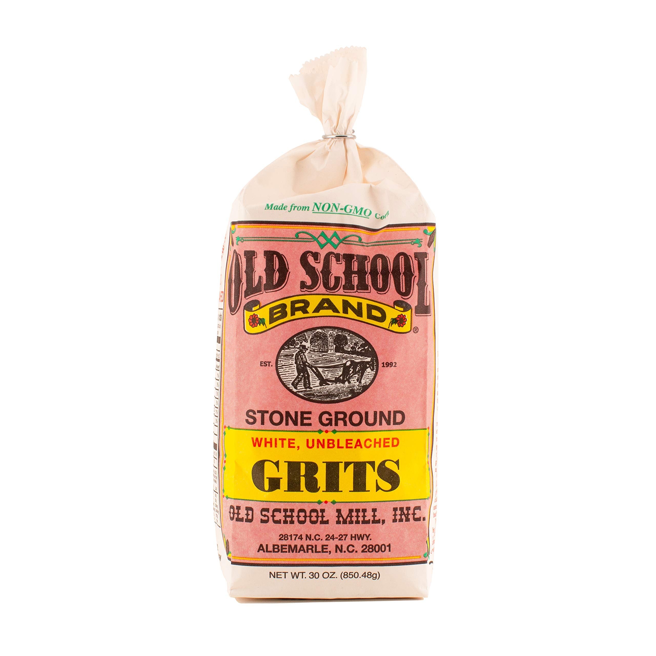 Old School Brand stone-ground white corn grits in bag, gluten-free and non-GMO.