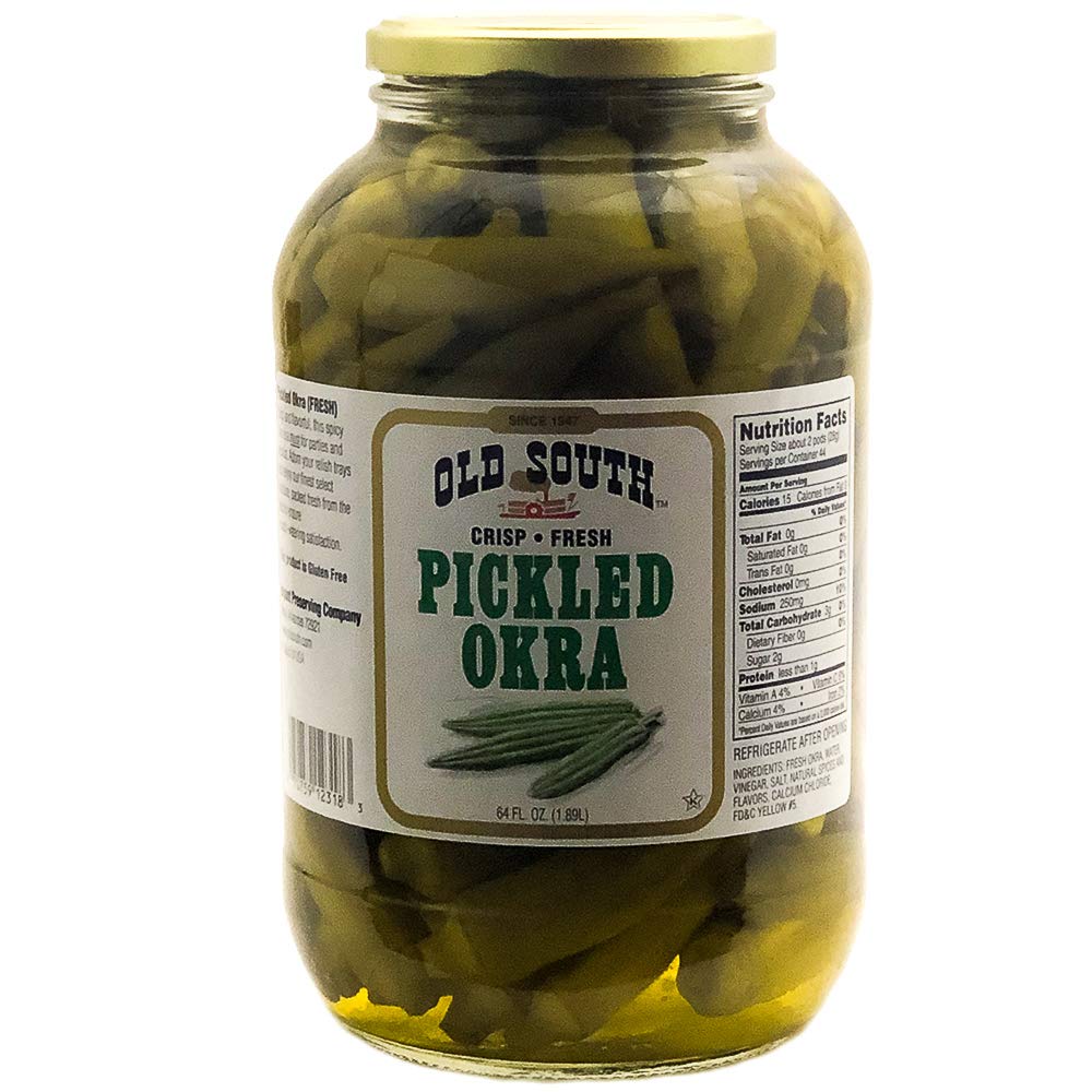 Old South pickled okra 64oz jar—crisp, convenient snack for gatherings.