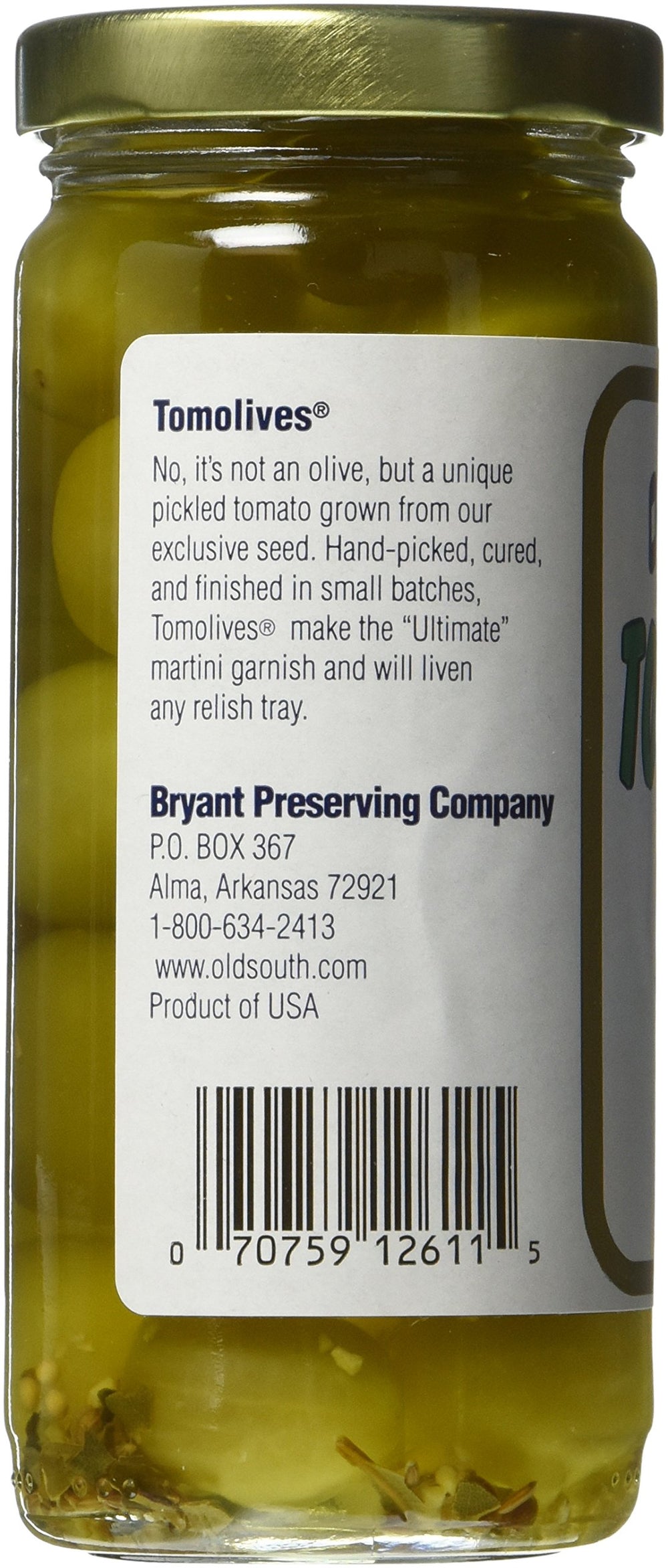 Old South Tomolives close-up showing pickled green tomato texture.