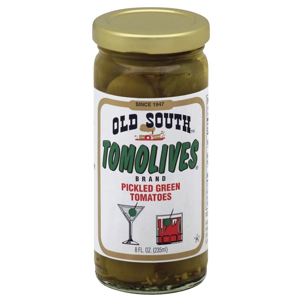Old South Tomolives jar front view, ideal garnish for cocktails and relish trays.
