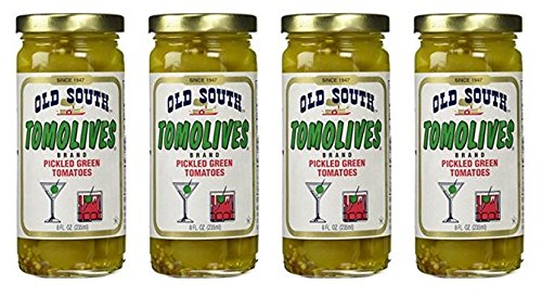Old South Tomolives jar of pickled green tomatoes, crisp and tangy for antipasto and snacks.