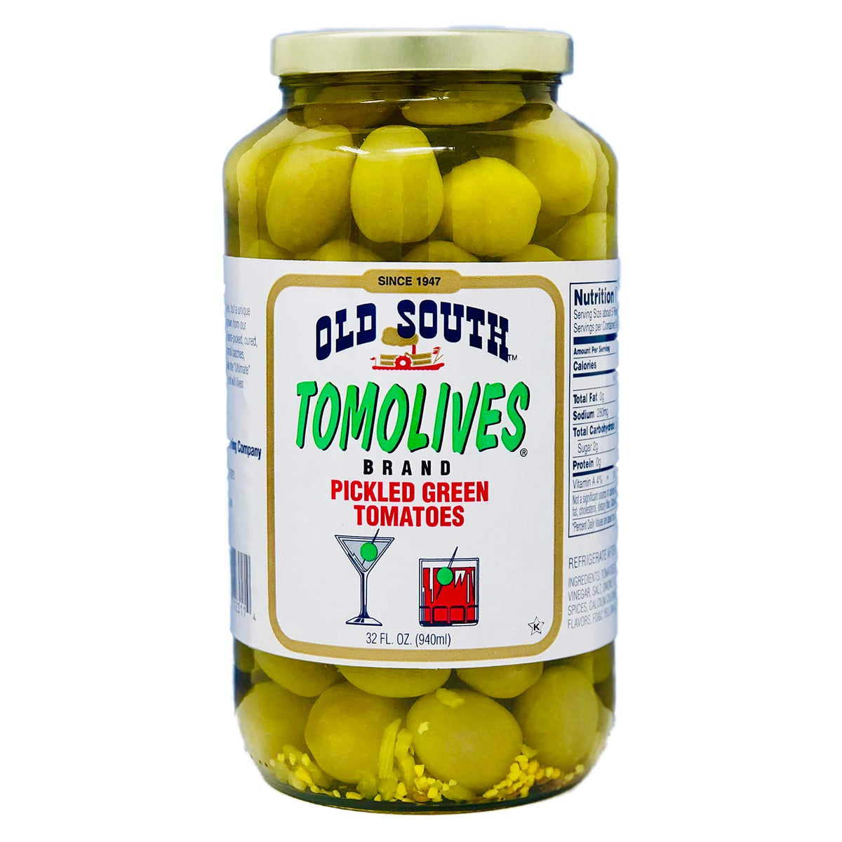 Old South Tomolives pickled green tomatoes jar ideal for martinis and relish trays