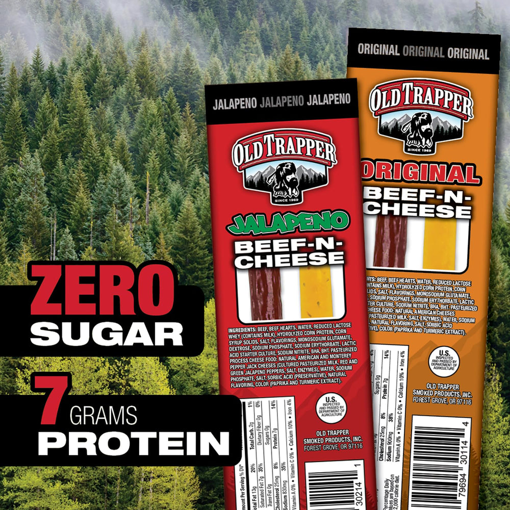 Old Trapper 14-pack display highlights portable snacks for on-the-go.
