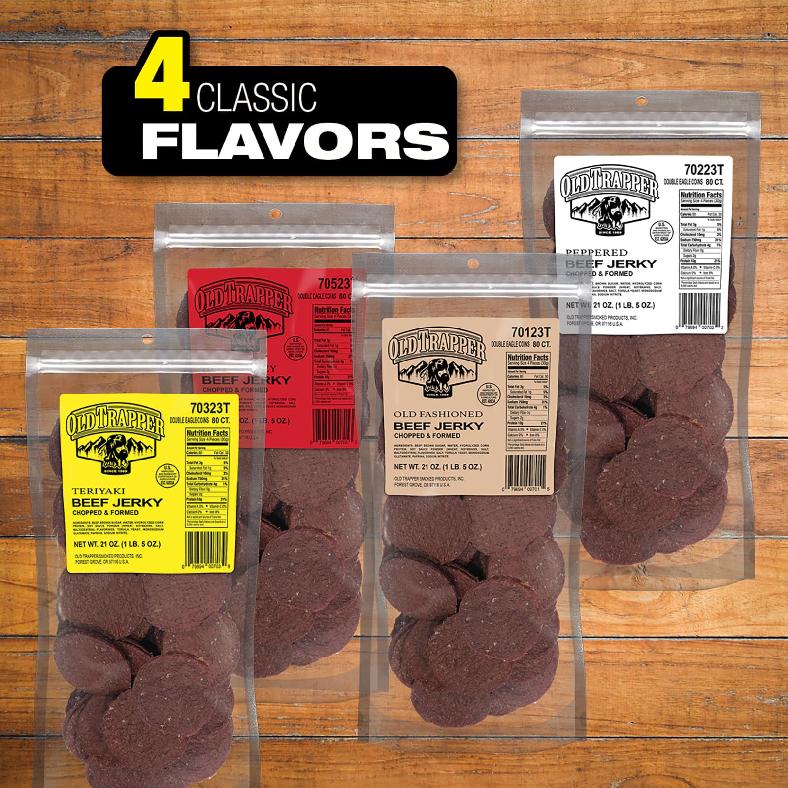 21-ounce bulk Old Trapper jerky bag, resealable for easy daily snacking