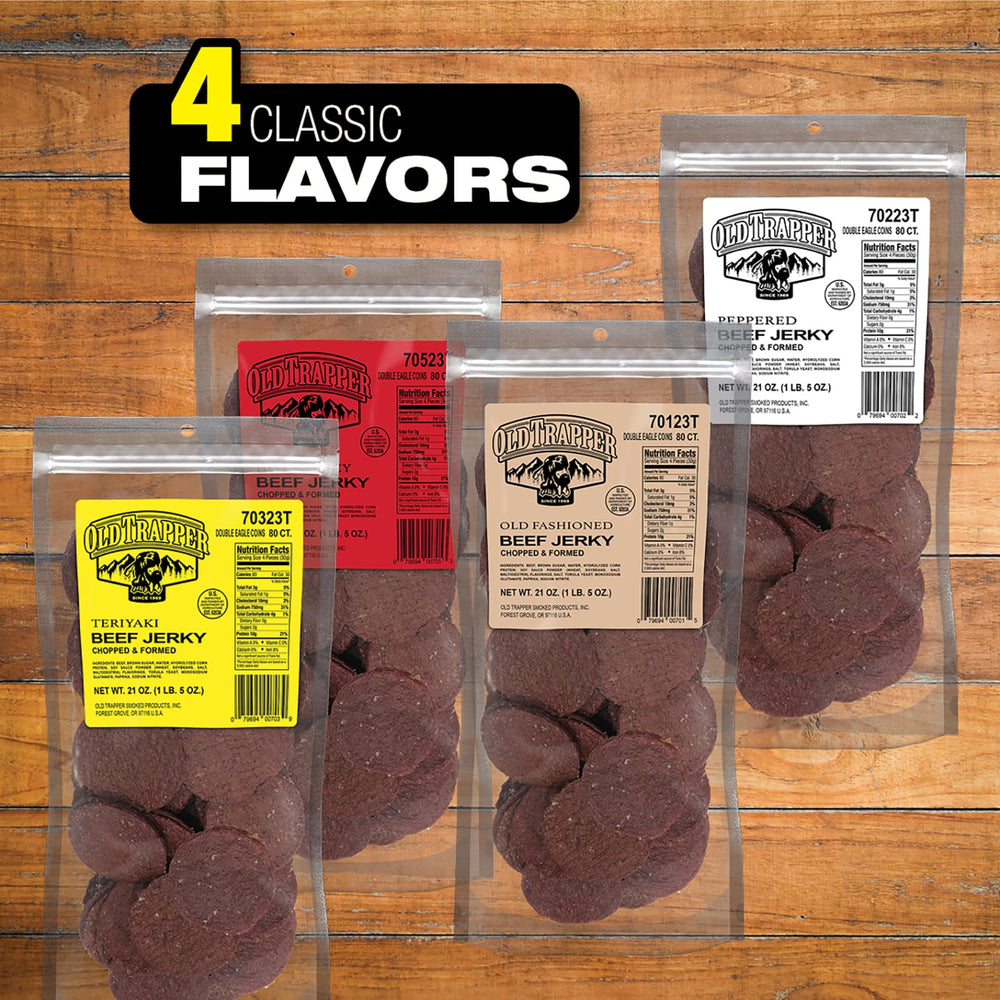 21-ounce bulk Old Trapper jerky bag, resealable for easy daily snacking