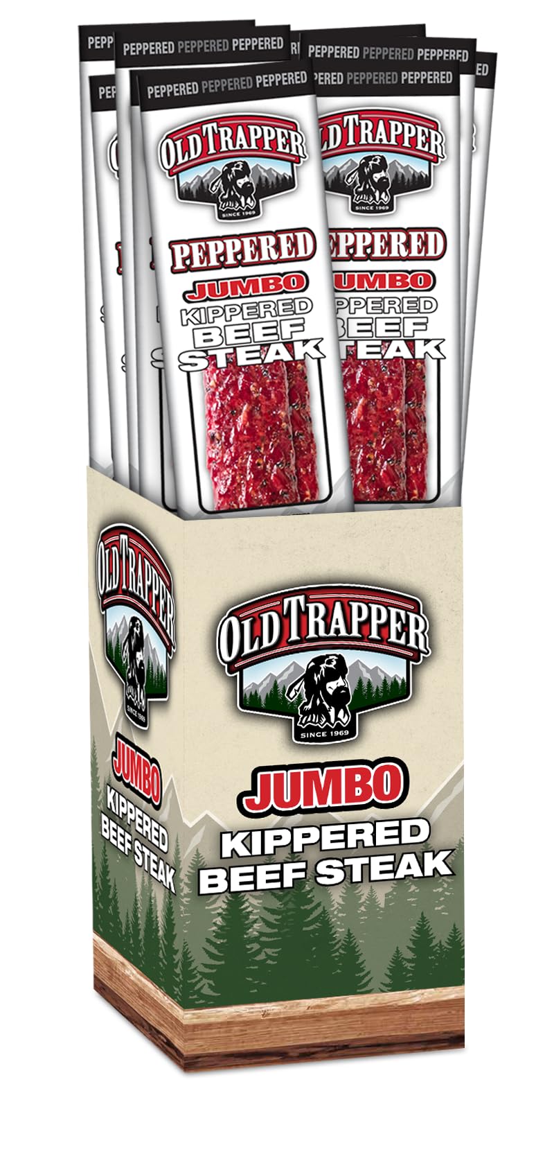 Old Trapper 22g protein label highlights lean beef and quality