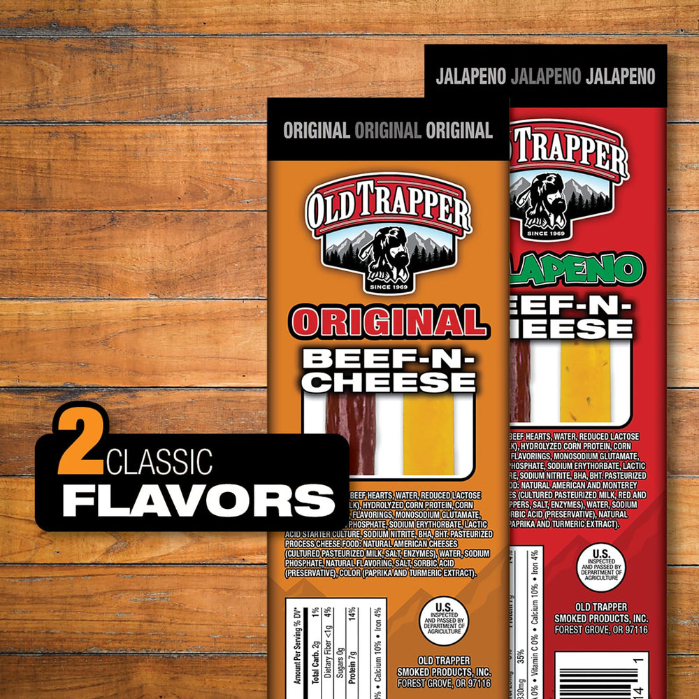 Old Trapper Beef-N-Cheese bulk pack highlighting 14-pack value