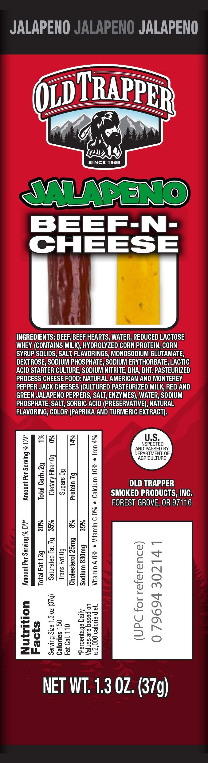 Old Trapper Beef-N-Cheese Jalapeño stick close-up, tasty lunch snack.