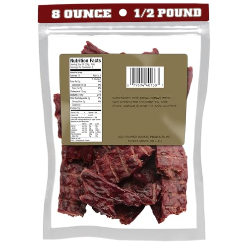 Old Trapper beef steak slices closeup highlighting tender, smoky texture