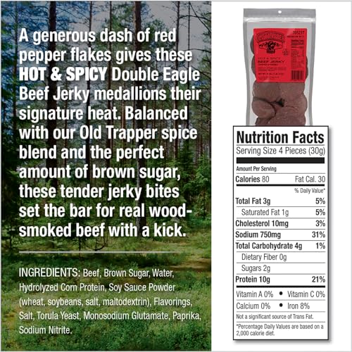 Close-up of Old Trapper Double Eagle Hot & Spicy jerky medallions, protein-packed snack