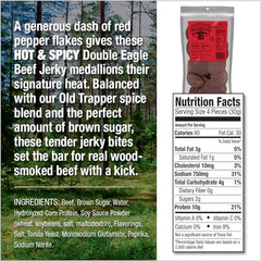 Close-up of Old Trapper Double Eagle Hot & Spicy jerky medallions, protein-packed snack