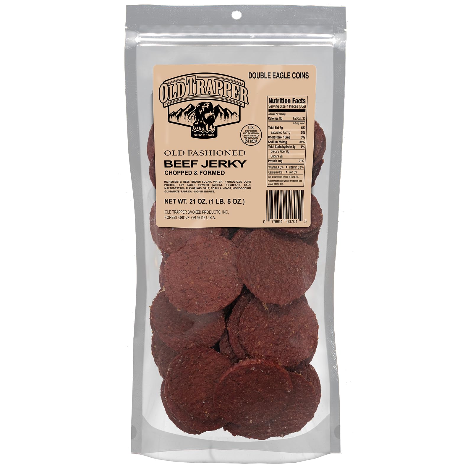 Old Trapper Double Eagle jerky packaging with coin-shaped bag for easy recognition.