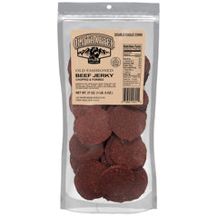 Old Trapper Double Eagle jerky packaging with coin-shaped bag for easy recognition.