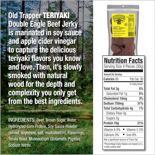 Close-up of tender, smoky teriyaki jerky slices from Old Trapper