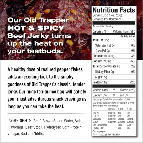 Old Trapper Hot Spicy Jerky close-up slices showing tender texture and heat