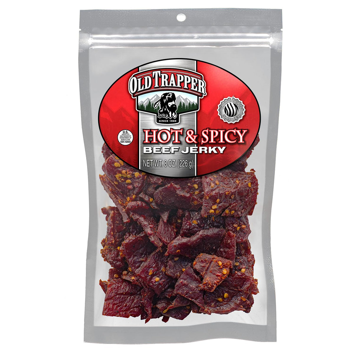 Old Trapper Hot Spicy Jerky front bag highlighting bold smoky flavor