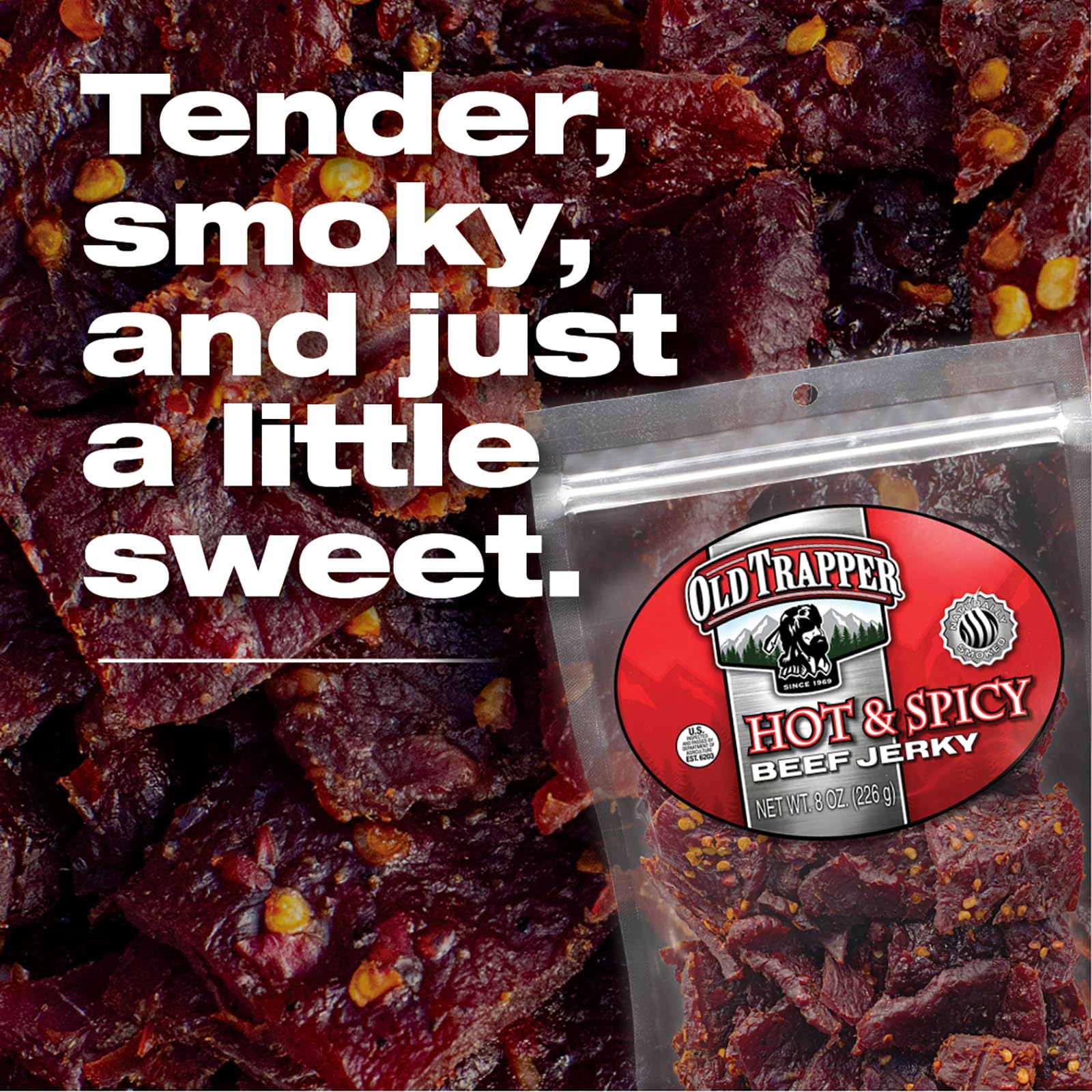 Old Trapper Hot Spicy Jerky resealable bag keeps freshness