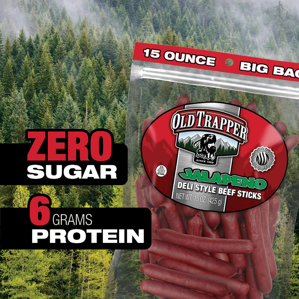 Old Trapper Jalapeño Deli-Style Beef Sticks gym bag ready for post-workout fuel.