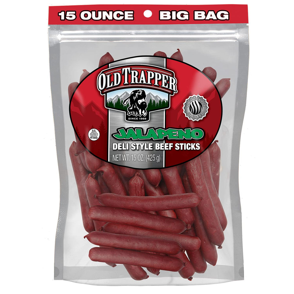 Old Trapper Jalapeño Deli-Style Beef Sticks pack shot shows bold flavor for on-the-go snacking.