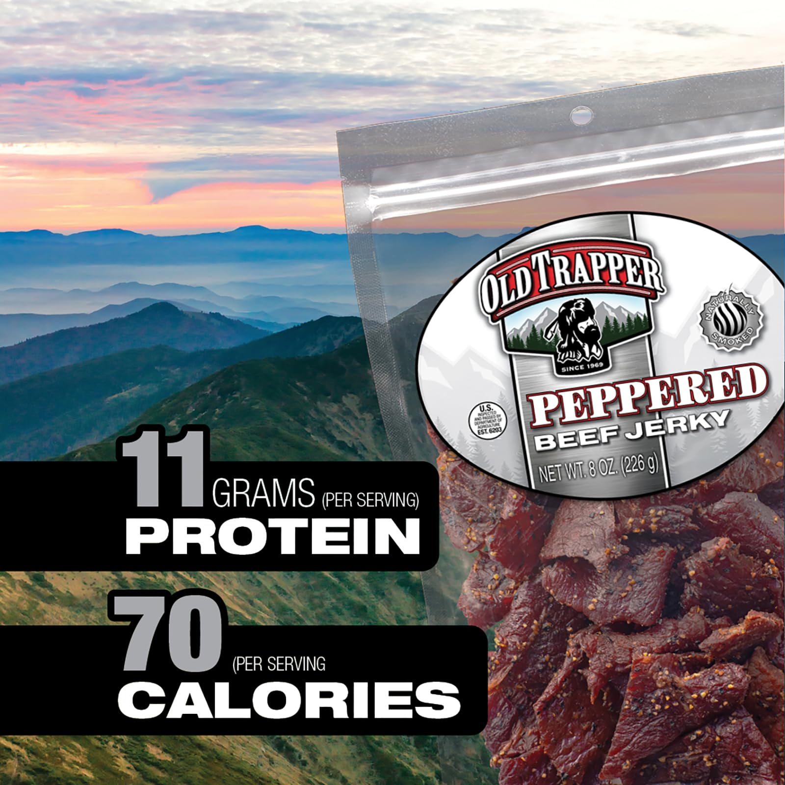 Old Trapper jerky eight-ounce bag ready for lunches or on-the-go
