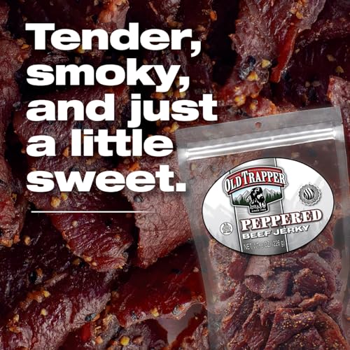 Old Trapper jerky close-up reveals pepper crust and satisfying texture