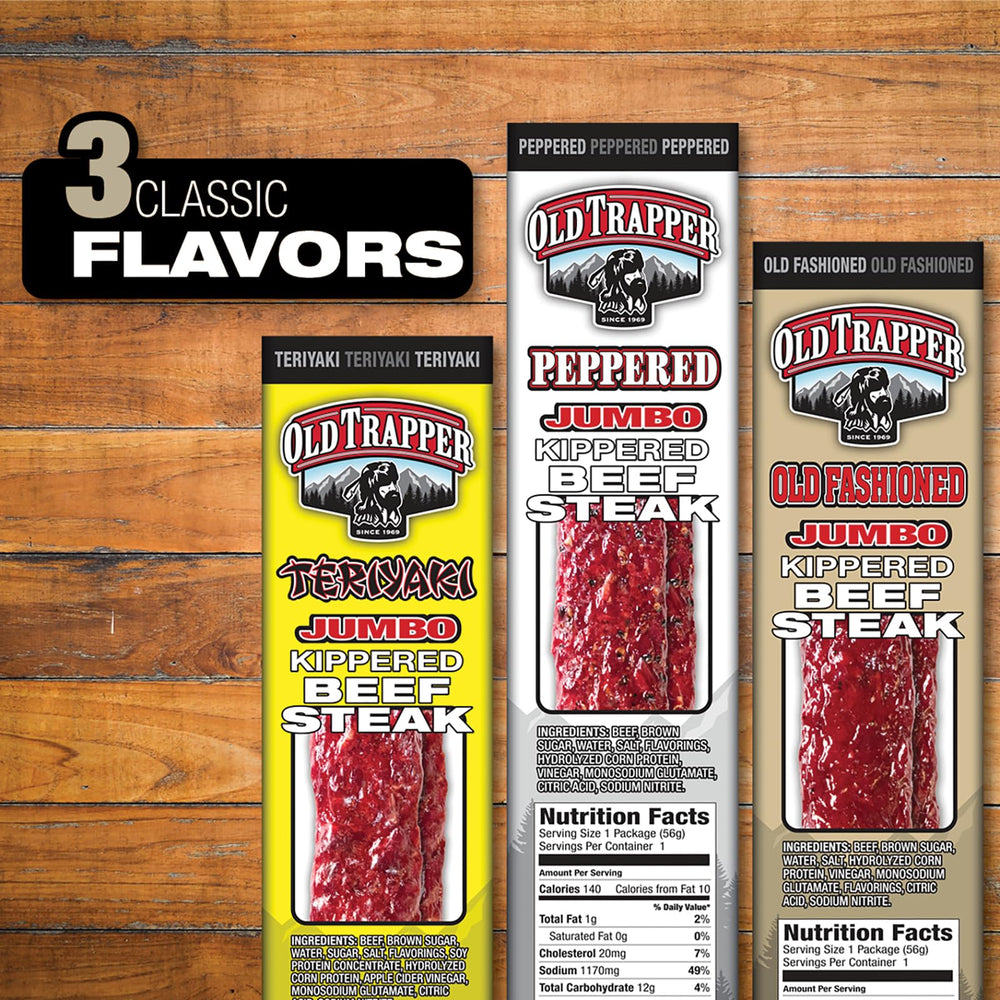 Old Trapper kippered steak two-ounce portion emphasizes chewy texture for between-meal bites