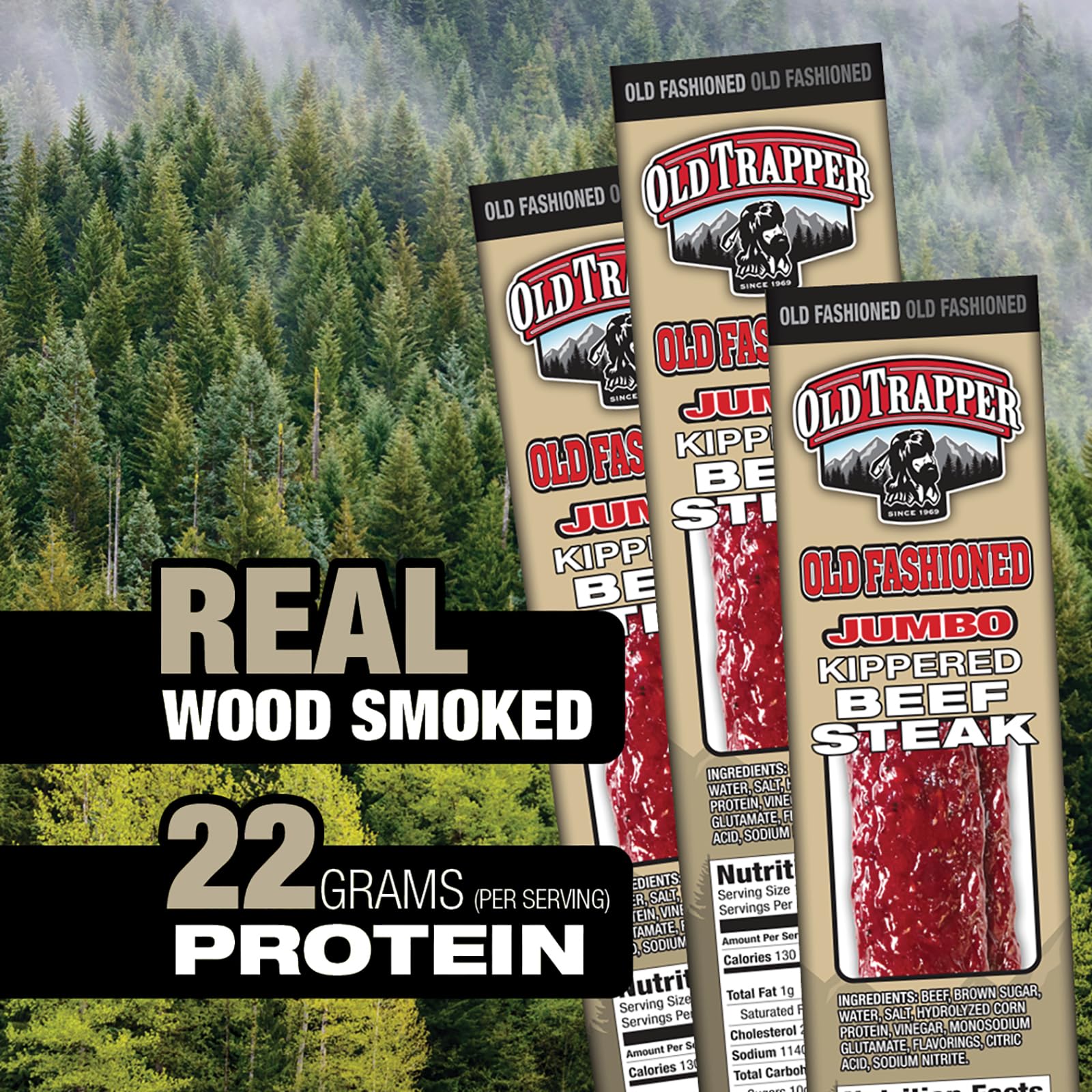 Old Trapper kippered steak bulk 12-pack displayed for home and travel use
