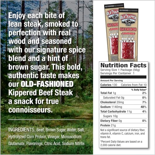 Old Trapper kippered steak close-up shows lean beef and natural wood-smoke aroma